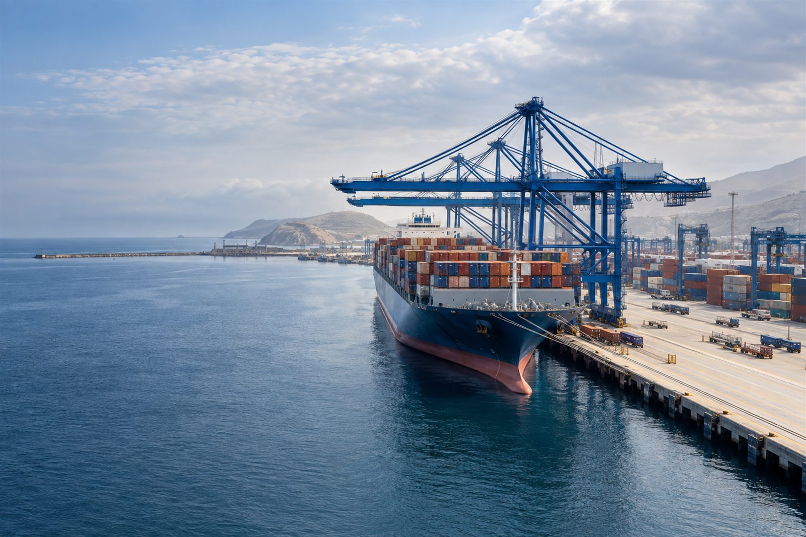 Imagen conceptual de una terminal portuaria y un buque portacontenedores